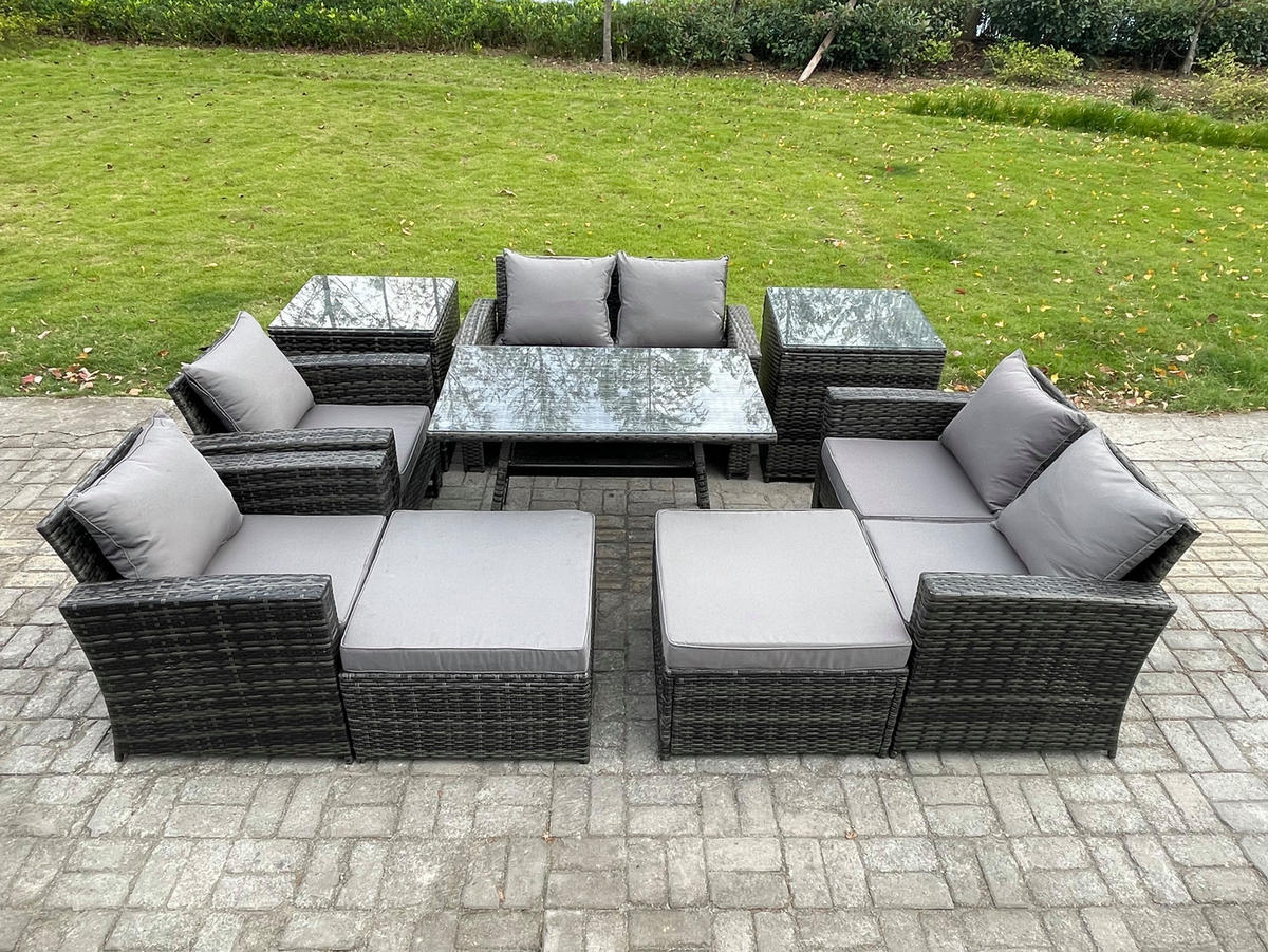 GARTENMÖBELSET mit ESSTISCH,HOCHLEHNER-SOFA Polyrattan Dunkelgrauer Mix 8-Sitzer - Dunkelgrau/Grau, Glas/Kunststoff - Fimous