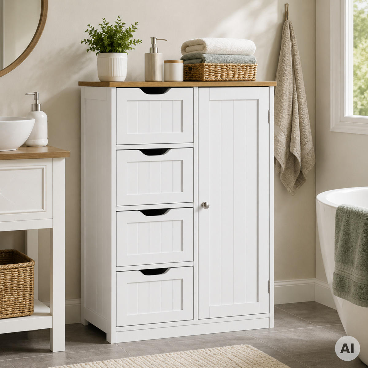 BADEZIMMERSCHRANK MDF Weiß Eiche 4 Schubladen 1 Tür 60x30x80 cm - Weiß, Holzwerkstoff (60/80/30cm) - Begryf