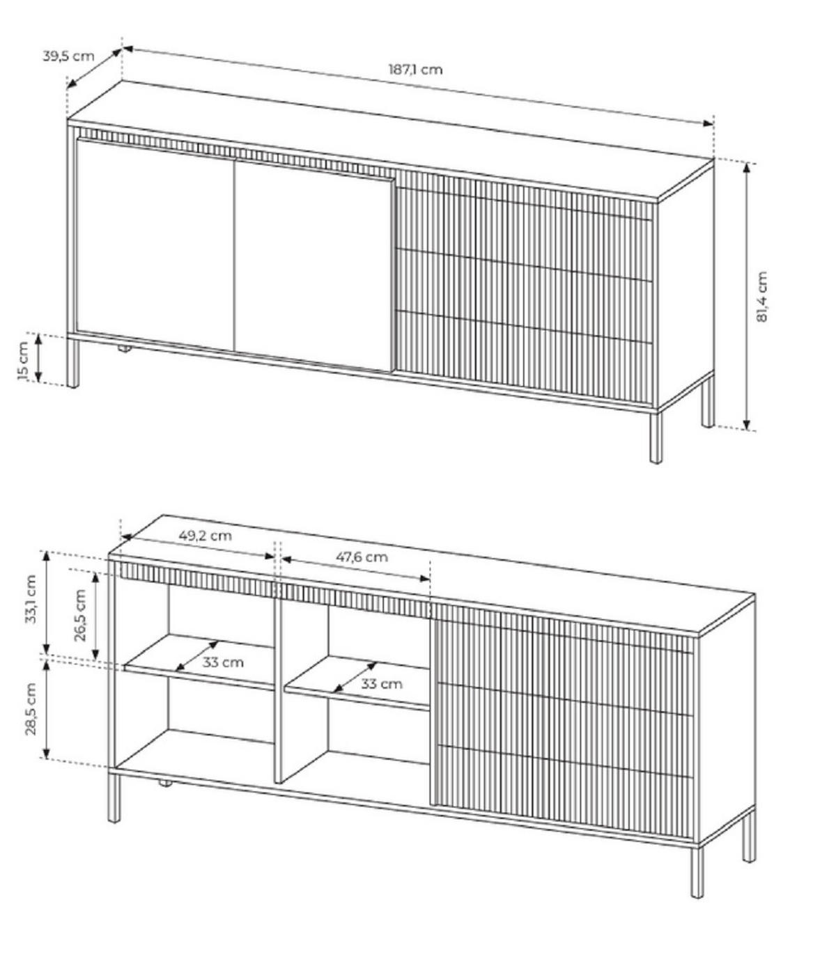 KOMMODE Schwarz mit Schubladen Santori, 187 cm, 2 Türen - Schwarz, Holz (187/81/40cm) - Emporius