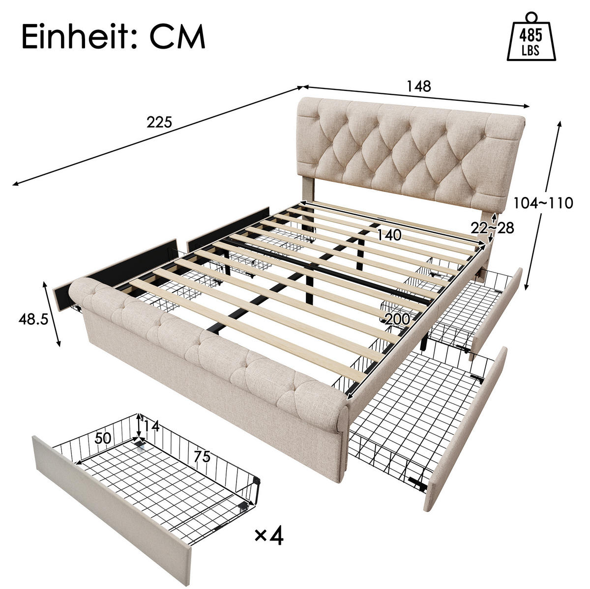 BETT mit 4 Schubladen 140x200 cm Leinen Natur inkl. Matratze - Beige, Holz (140/200cm) - Meubliv