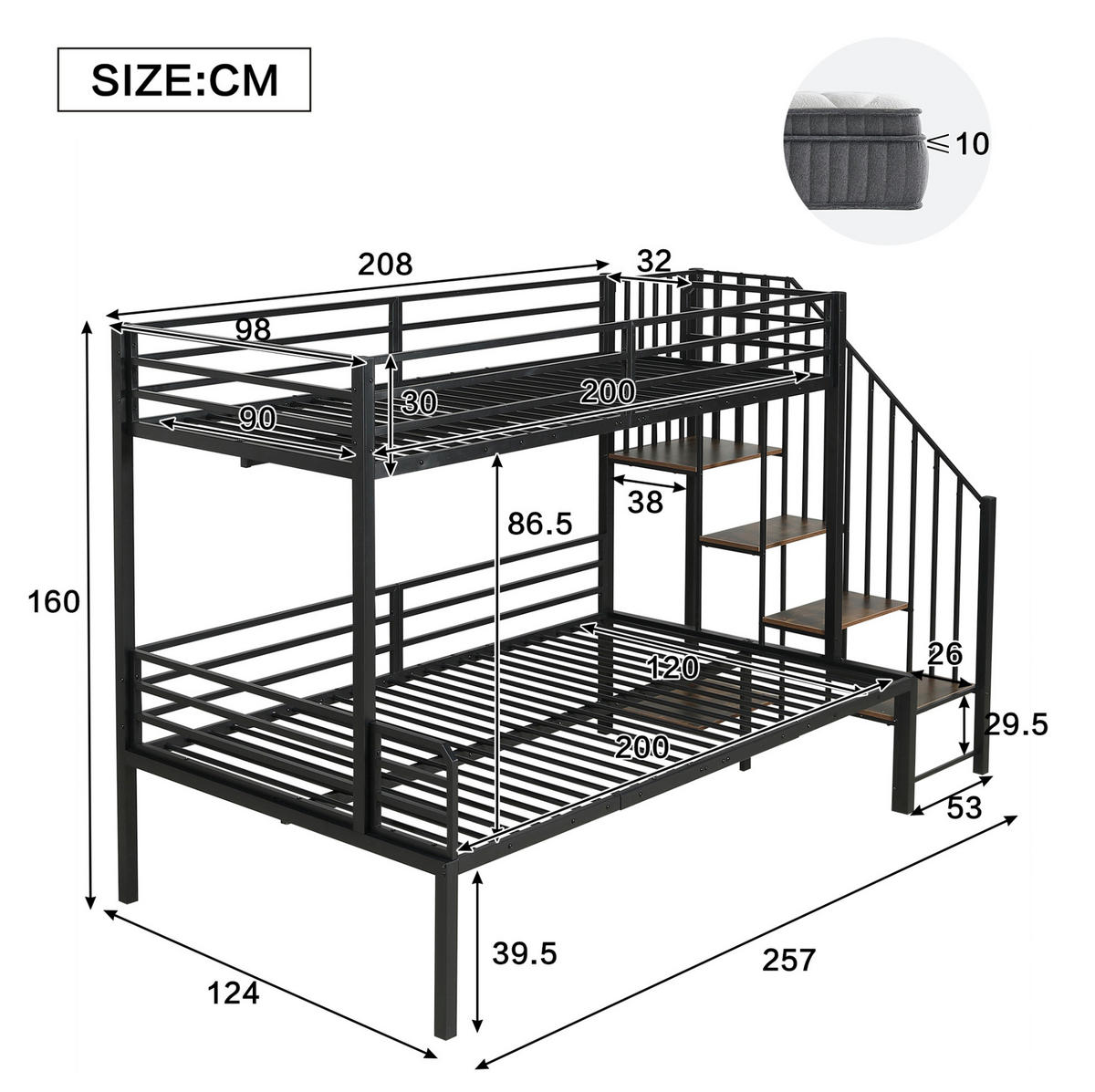 ETAGENBETT 90/120x200 cm aus Metall mit Eckleiter und Stauraum in Schwarz - Schwarz, Holzwerkstoff (90/200cm) - Flora Grace