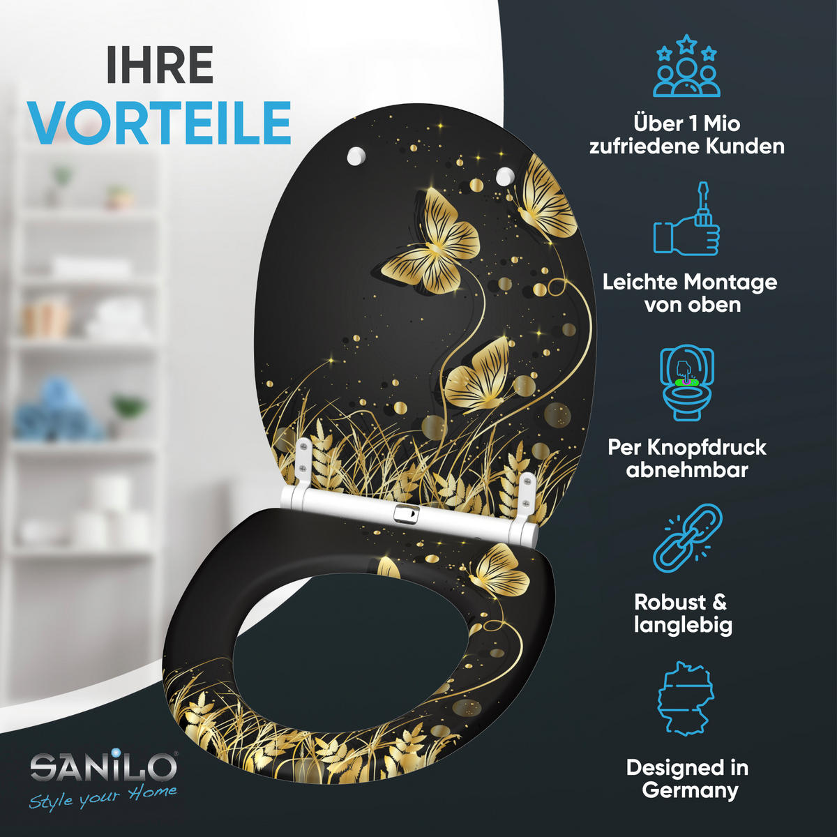WC-SITZ mit Absenkautomatik & Top Fix Silhouette - Schwarz, Holzwerkstoff (37.7/5.5/48cm) - Sanilo