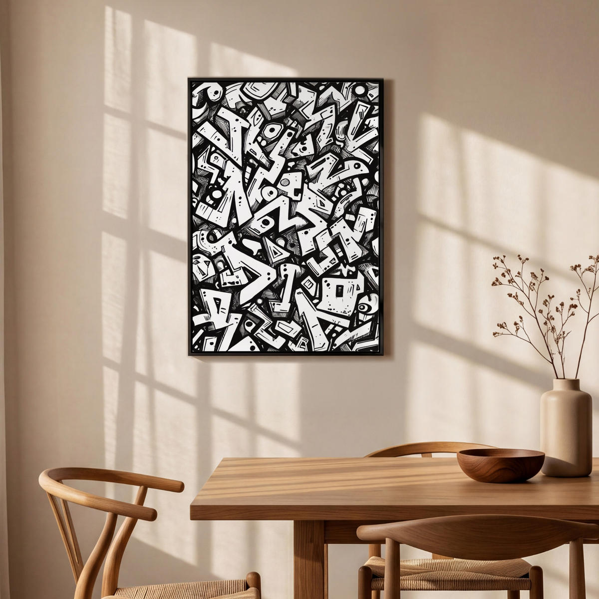 LEINWAND Bilder mit Rahmen - Formen - Buchstaben - Graffiti - Schwarz - 60x90 - Schwarz, Textil (60/90cm) - MuchoWow