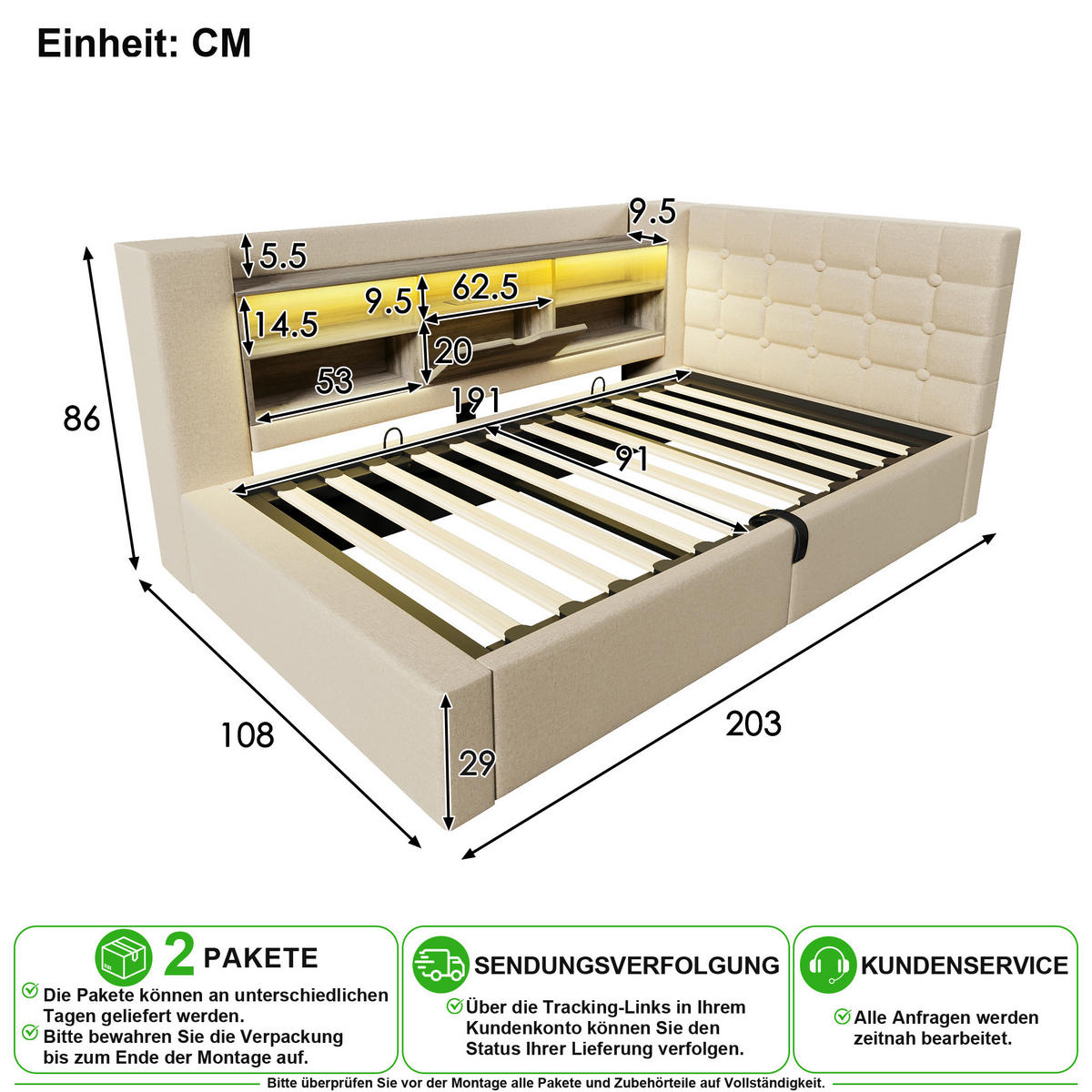 POLSTERBETT 90/190 cm in Beige mit LED, USB und Stauraum aus Leinen - Beige, Holzwerkstoff/Textil (90/190cm) - CHICFURN