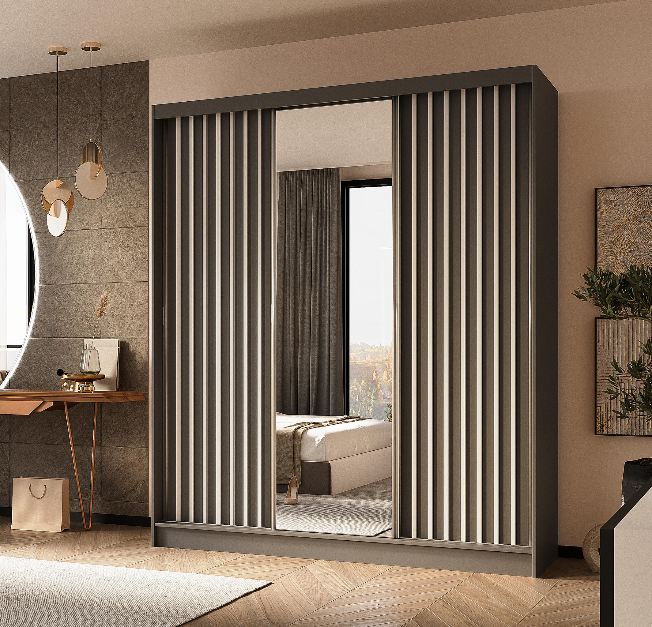 SCHWEBETÜRENSCHRANK Cabinio Grau Weiß 180/216/61 cm – mit Spiegel und Lamellen - Weiß/Grau, Holzwerkstoff/Kunststoff (180/216/61cm) - AX Living