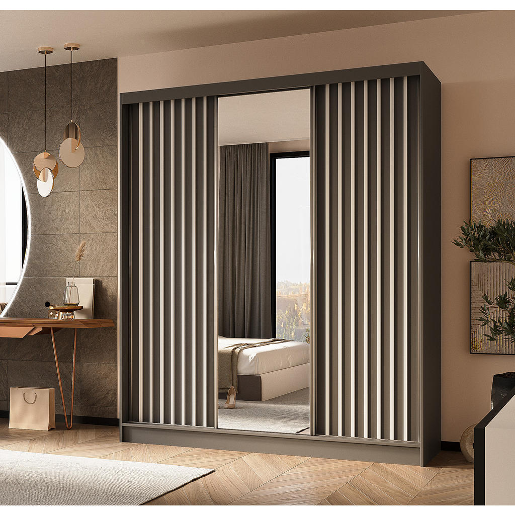 Thumbnail - AX Living Schwebetürenschrank, Grau, Weiß, Holzwerkstoff, Kiefer, Rechteckig, 180x216x61 cm, Hergestellt in Europa, FSC ...