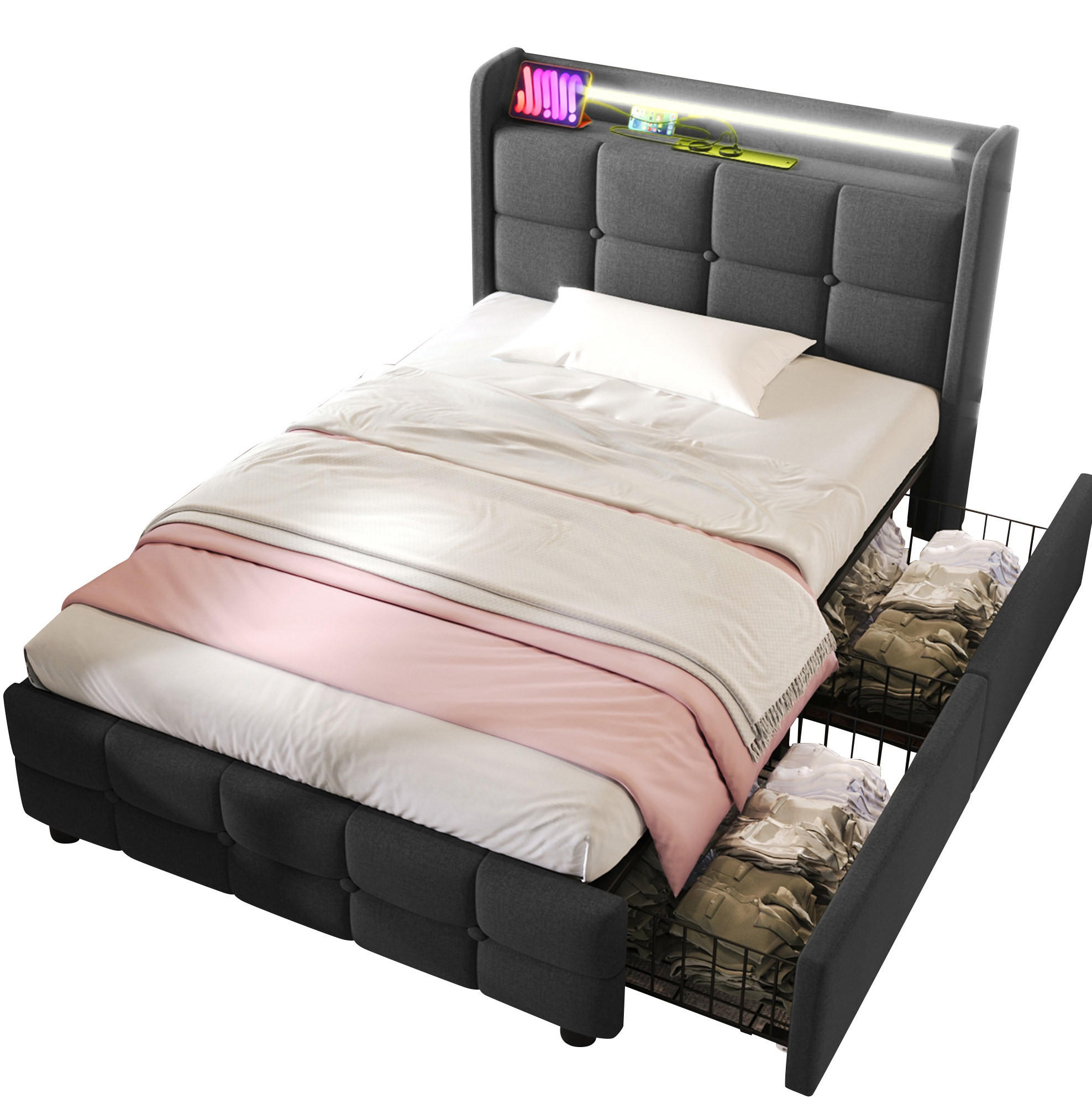 POLSTERBETT 90/200 cm grau aus Holz mit Matratze, LED, USB und 2 Schubladen - Grau, Holzwerkstoff (90/200cm) - OKWISH