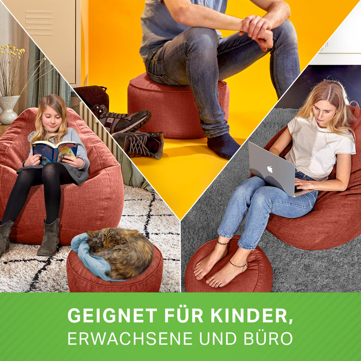 SITZSACK Indoor Set "Home Linen“+Hocker - Rot, Textil (80/90/50cm) - Green Bean