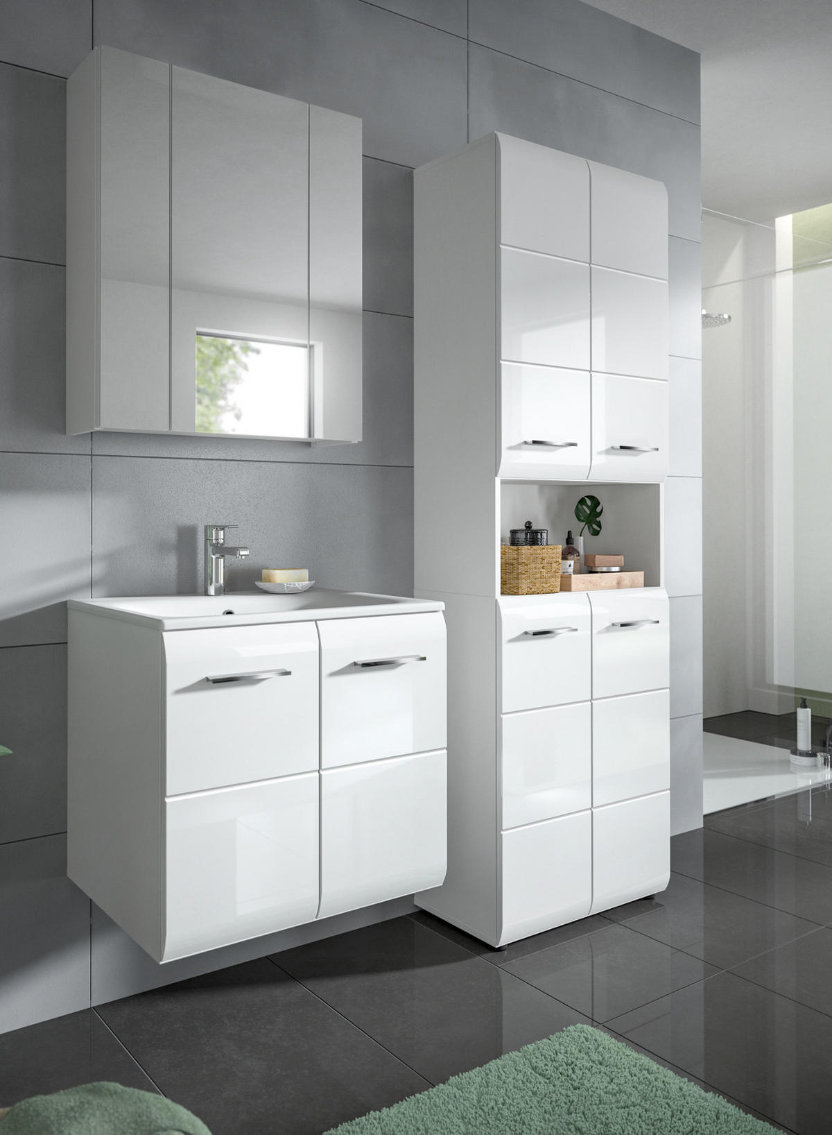 BADMÖBEL-SET 3-teilig in weiß Hochglanz inkl. Waschbecken 135 x 185 cm Cover - Weiß Hochglanz/Silberfarben, Holzwerkstoff/Kunststoff (135/185/46cm) - Inn.Furn