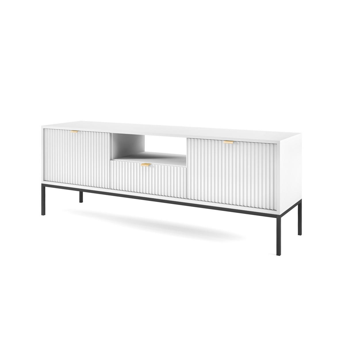 TV-SCHRANK Nova Weiß, Schwarze Beine, zweitüriger TV-Tisch - Schwarz/Weiß, Holzwerkstoff/Metall (154/59/39cm) - Bettso