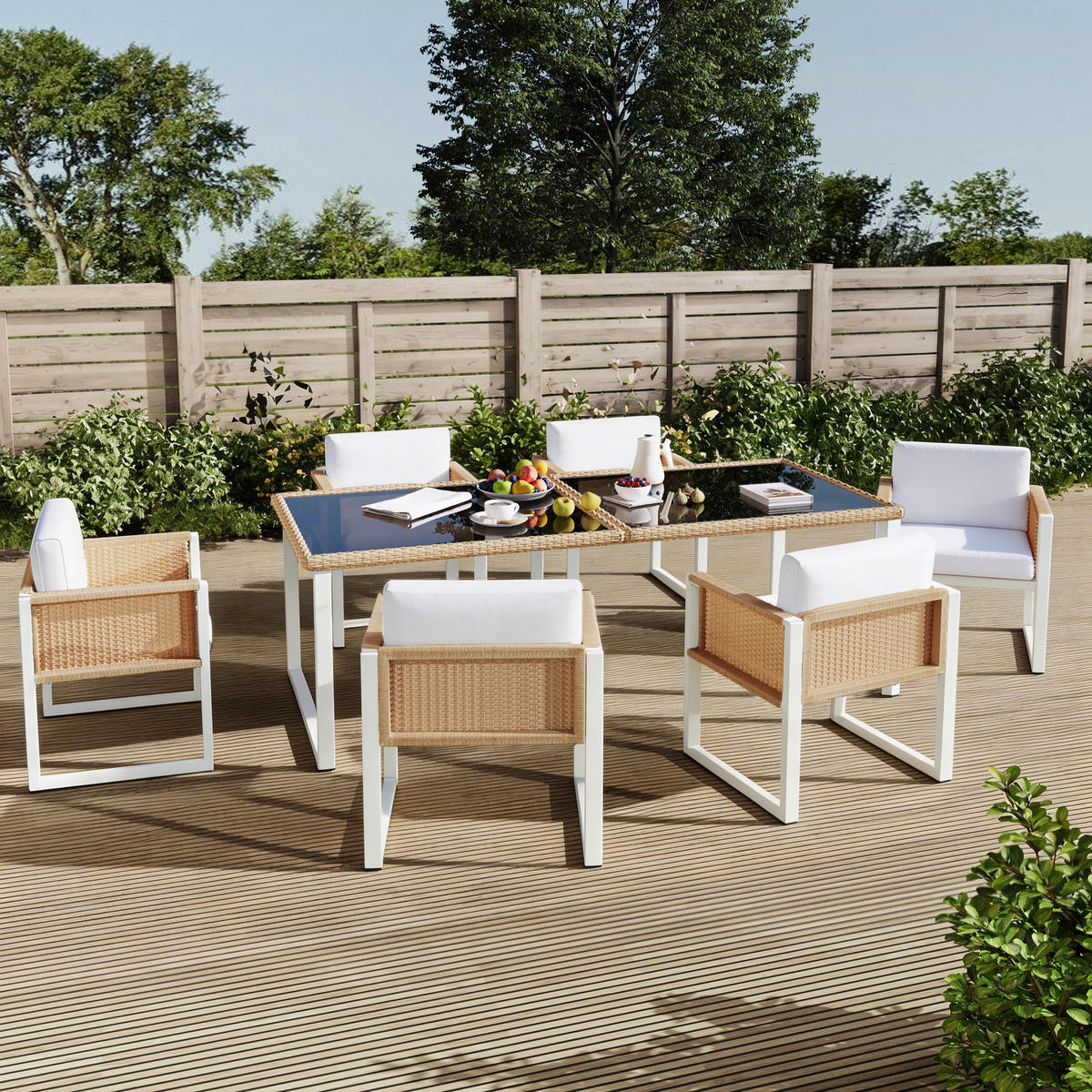 GARTENLOUNGE-SET Polyrattan-Gartenmöbel 6-Personen-Garten-Essgruppe - Schwarz/Weiß, Textil/Metall - STILVORA