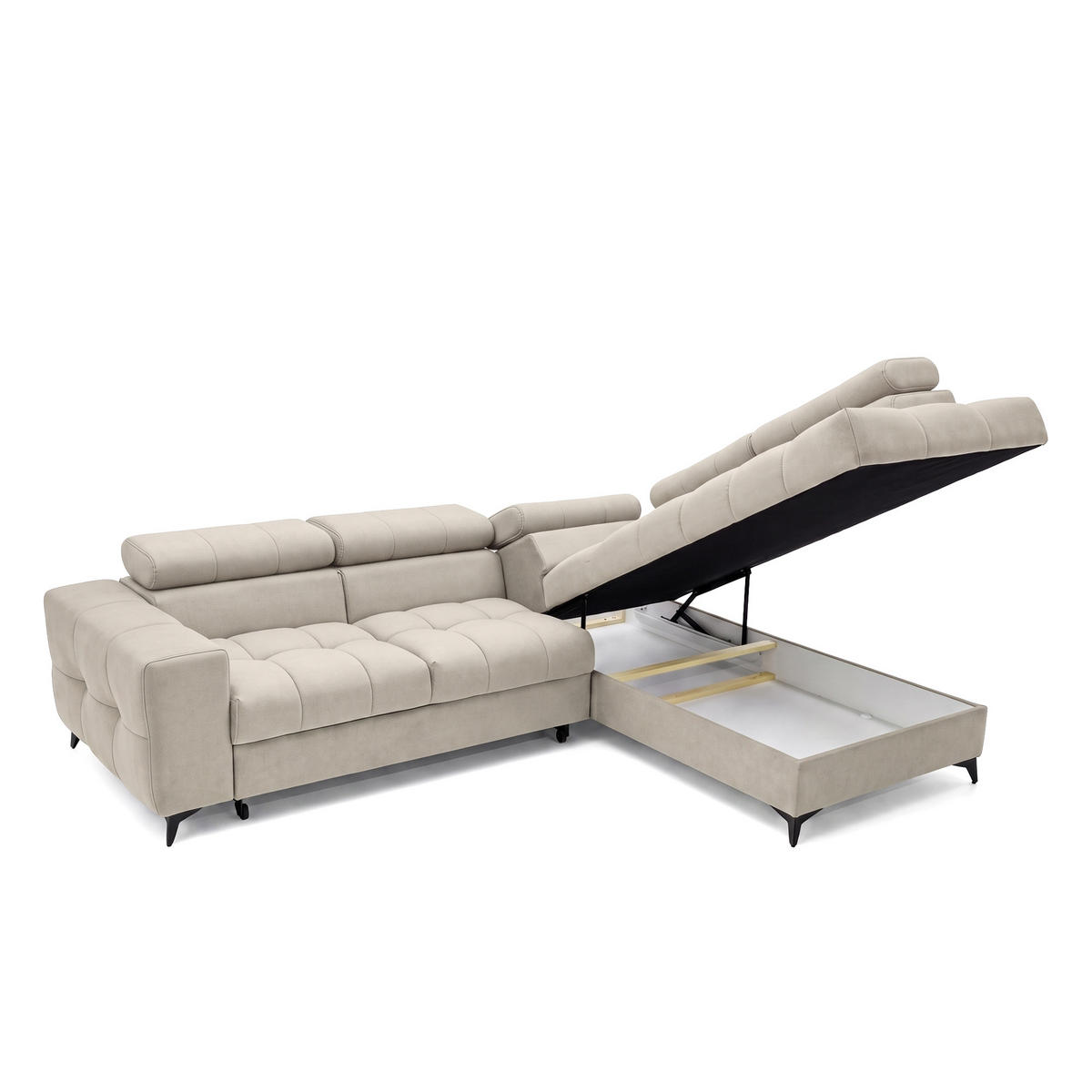 ECKSOFA PUDDING L Rechts mit Schlaffunktion 125x195 Velours Creme - Creme/Schwarz, Holz/Textil (275/203cm) - Muffo