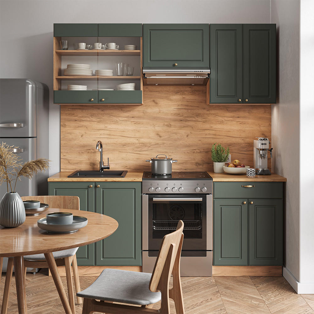 KÜCHENZEILE Fame-Line Grün-Gold Landhaus/Goldkraft Eiche 200 cm AP Anthrazit - Eiche Wotan/Grün, Holzwerkstoff (200/81.6/60cm) - Vicco