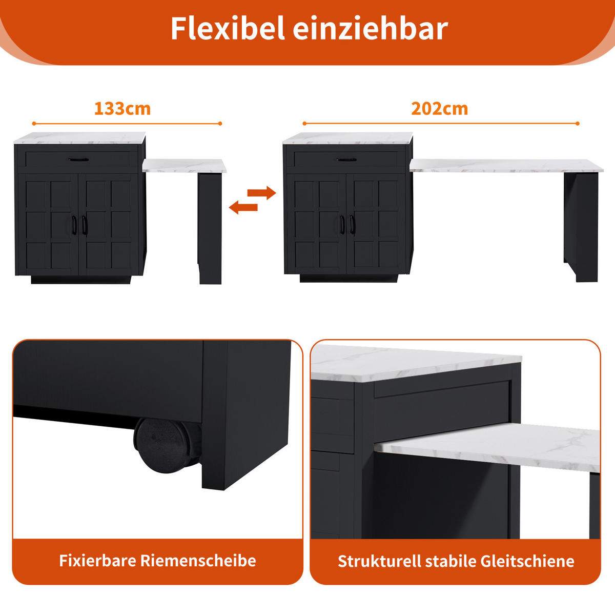 BARTISCH 133-202/70/93,5 cm in Schwarz mit Stauraum und ausziehbarer Tischplatte - Schwarz, Holzwerkstoff (133/70/93.5cm) - BEAOK
