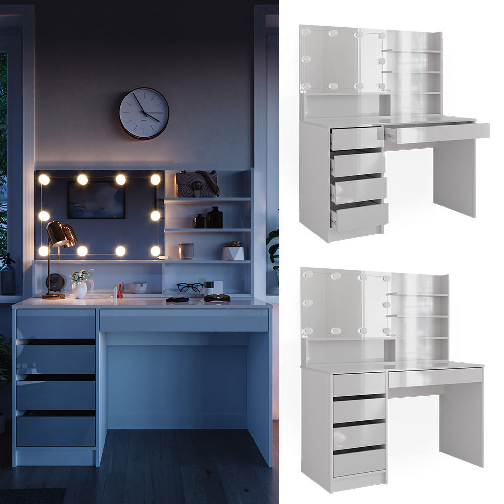 SCHMINKTISCH Sherry Weiß 145 cm mit LED Beleuchtung, und Spiegelregal - Weiß, Holzwerkstoff (55/75/145cm) - Vicco