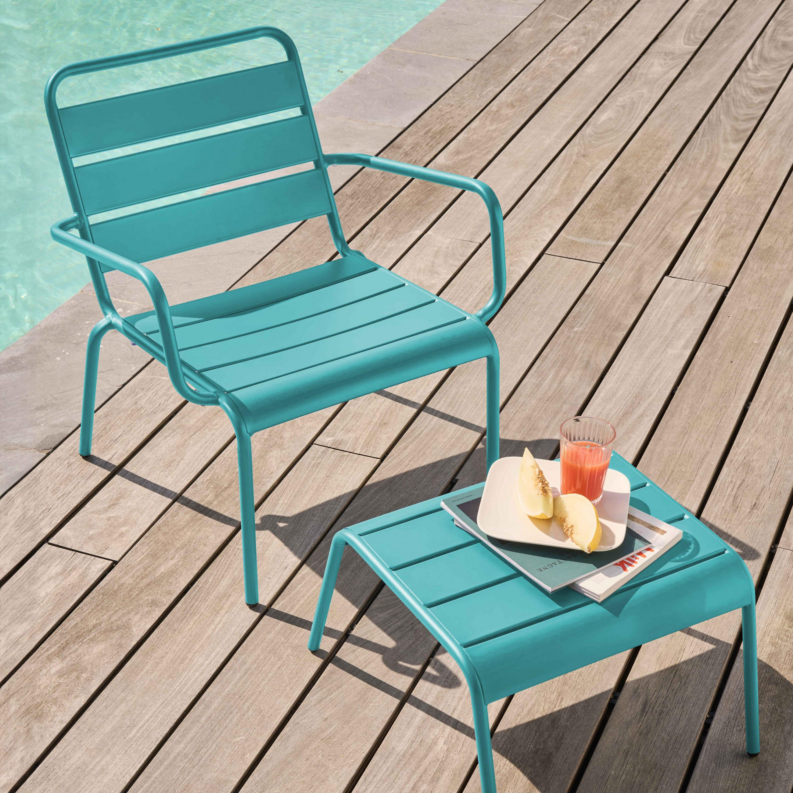 RELAXSESSEL MIT HOCKER, Türkisblau - Hellblau, Metall (64/72/60cm) - Oviala