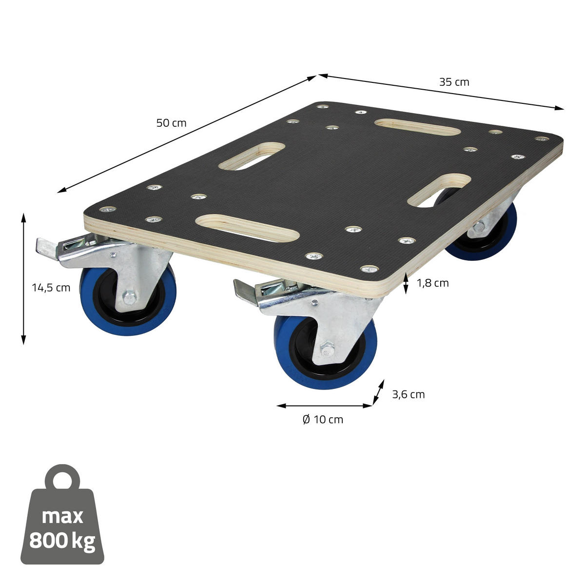 TRANSPORTROLLER 2er Set mit 4 Rollen 2 mit Bremsen 35x50 cm Traglast 800kg Siebdruck Holzplatte Black - Dunkelgrau, Holzwerkstoff (35/50/14.5cm) - ECD-Germany