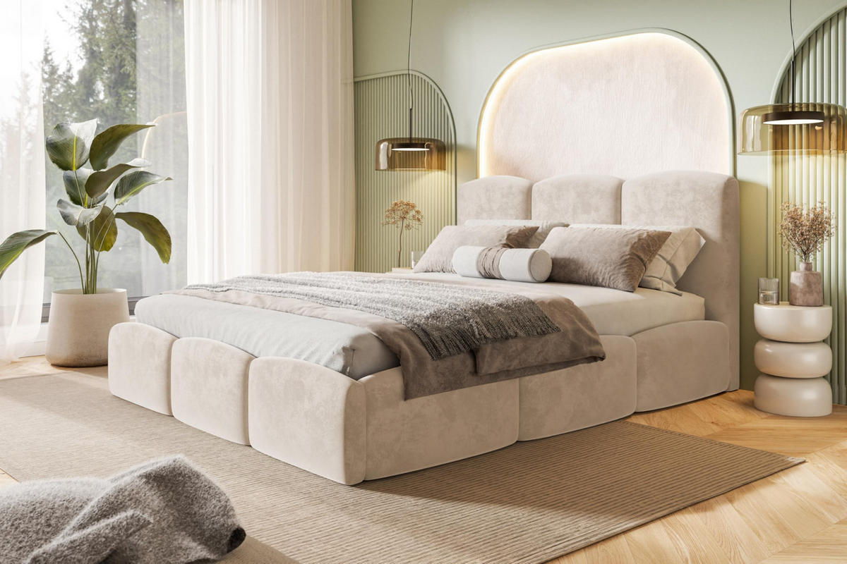 BETT 120x200 - Polsterbett mit Bettkasten und Metallrahmen - Modern Betten - Weicher Jasminstoff - Kollektion Zoya - Beige - Beige, Holz/Textil (120/200cm) - Alpi-Möbel