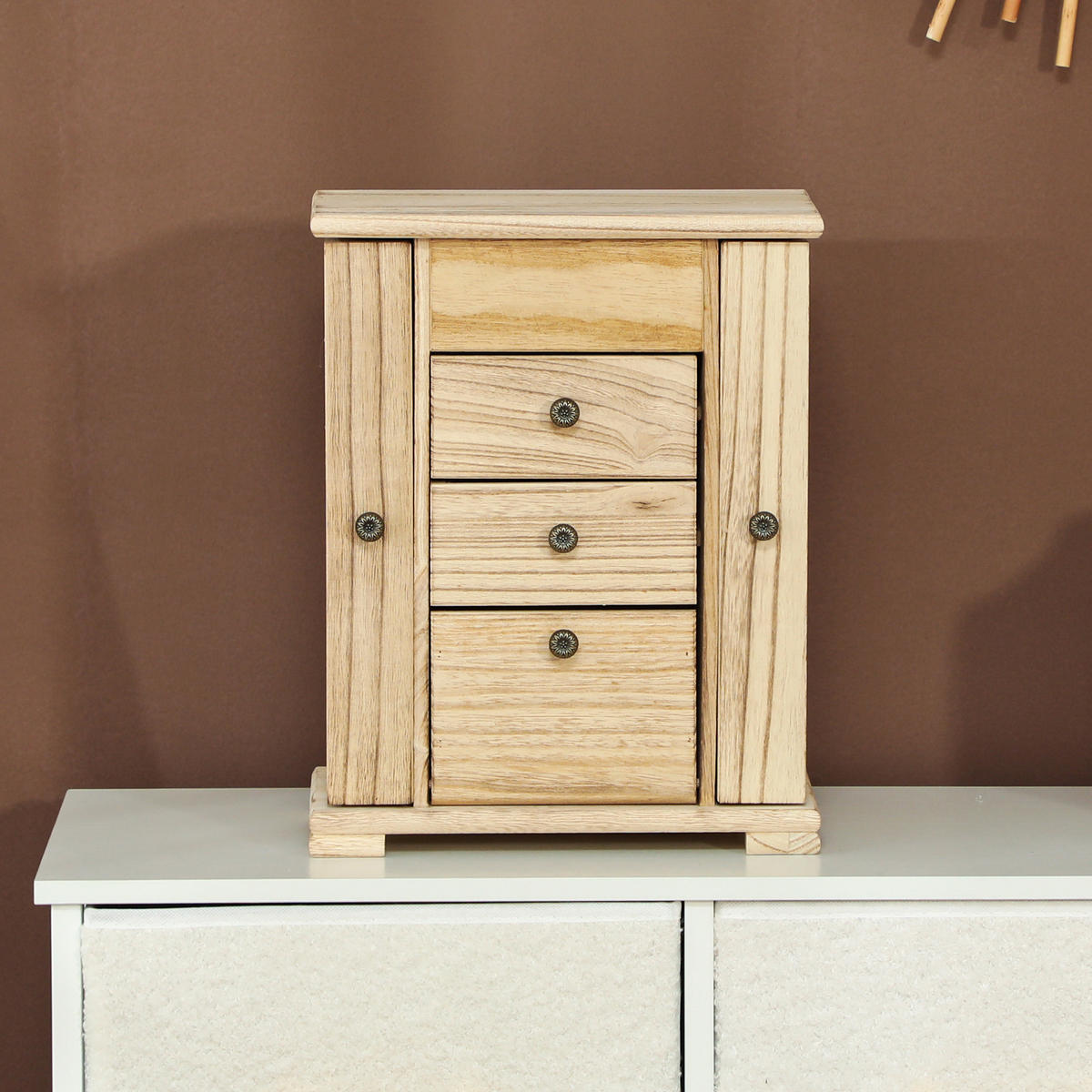 SCHMUCKKÄSTCHEN Schmuckschatulle mit Spiegel, Schubladen, seitlichen Klapptüren - Naturfarben, Holz (16/33.5/26.5cm) - HOMCOM
