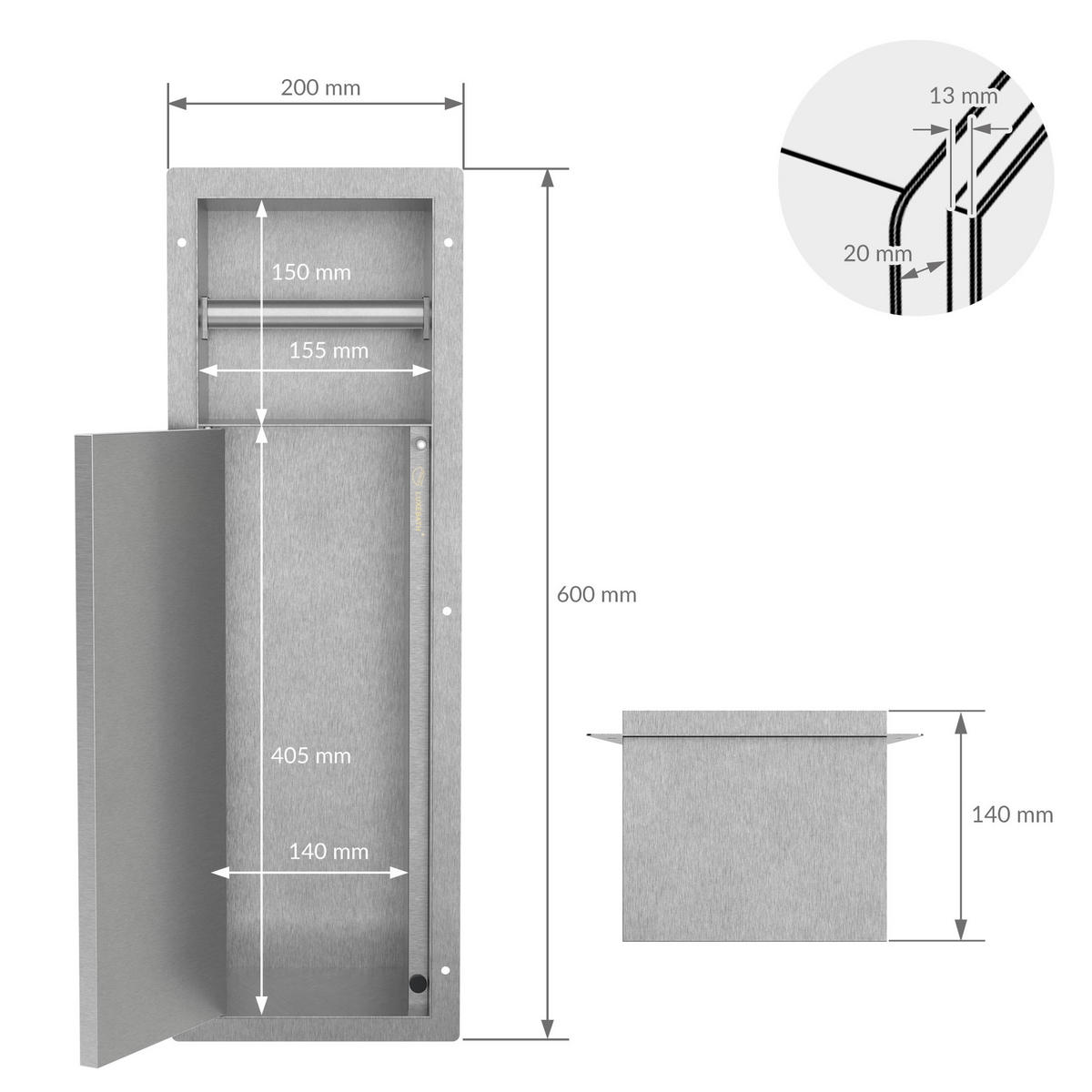 ZÁVĚSOVÝ SKŘÍŇOVÝ MODUL WC z nerezové oceli, stříbrný, 60 x 20 x 14 cm - stříbrná, kov (14/60/20cm) - LuxeBath
