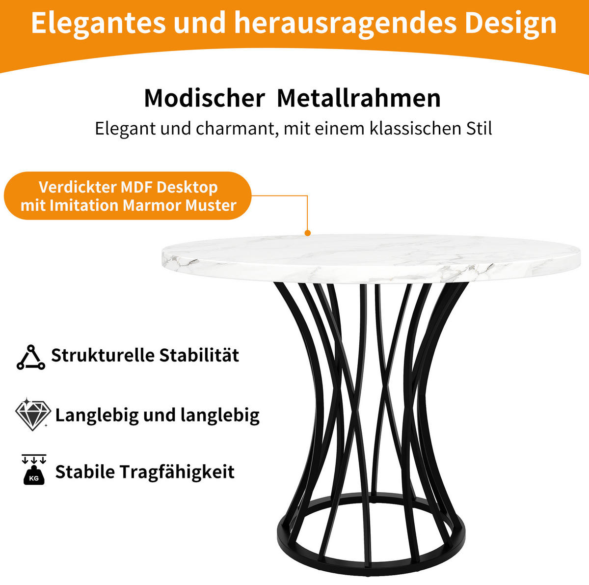ESSTISCH 80/80/76 cm in Schwarz mit Marmordekor und Metallgestell - Schwarz, Holzwerkstoff (80/80/76cm) - Flora Grace
