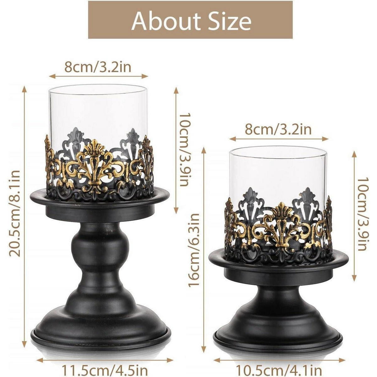 KERZENSTÄNDER 2-teiliges Set Metall Schwarz Matt mit Glas-Hurrikan - Multicolor, Metall (11.5/16/11.5cm)