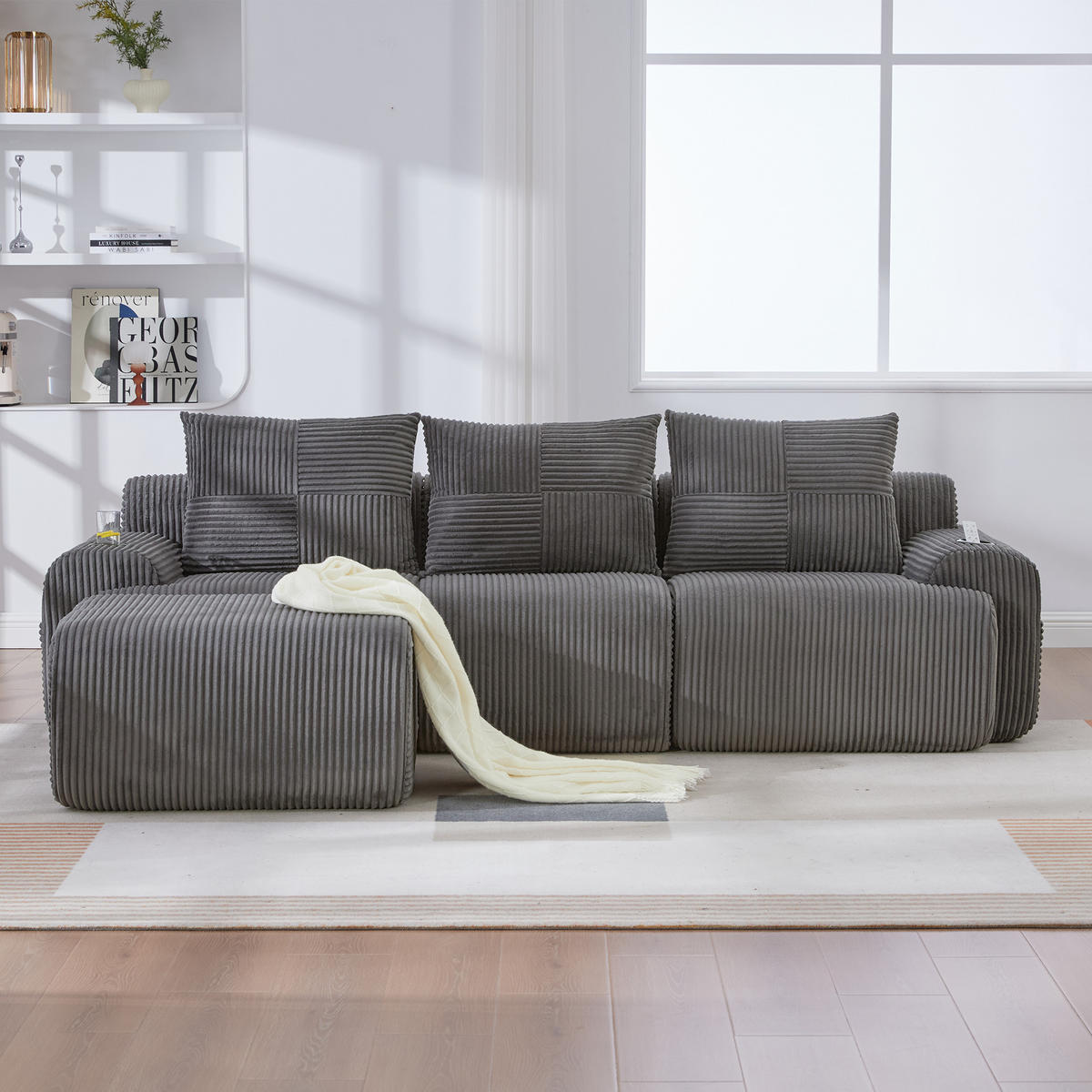 3-SITZER Sofa aus Cord 268x174x80 cm mit Cupholder & Seitentasche, dunkelgrau - Dunkelgrau, Textil (174/80/268cm)