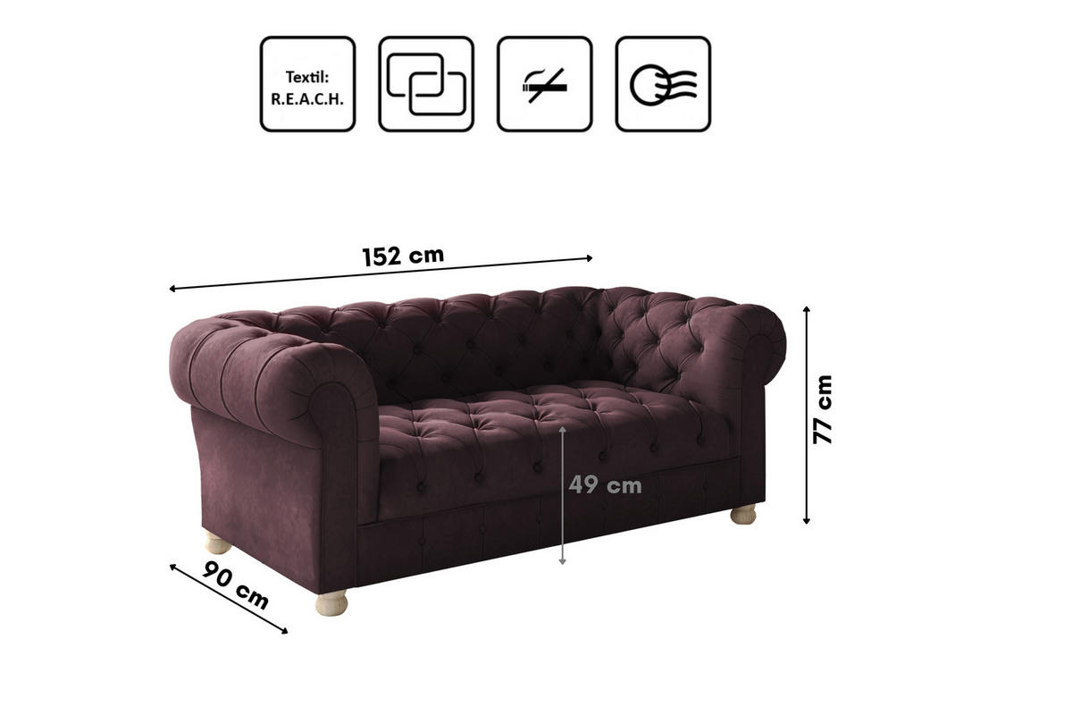SOFA 2-Sitzer CHESTERFIELD Elegant Klassisch Schick Stoff Whisper Velours Rotwein - Rot, Holz/Textil (152/77/90cm) - Kaiser Möbel