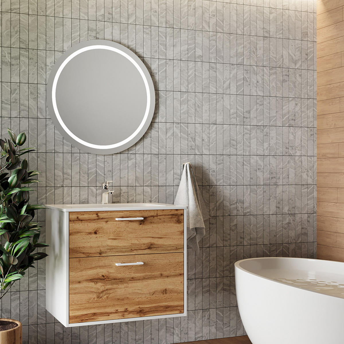 WASCHBECKENUNTERSCHRANK Lanco Weiß/Goldkraft Eiche 61 x 61.5 cm mit Waschbecken - Honigeiche/Weiß, Holzwerkstoff (61/61.5/46.5cm) - Vicco