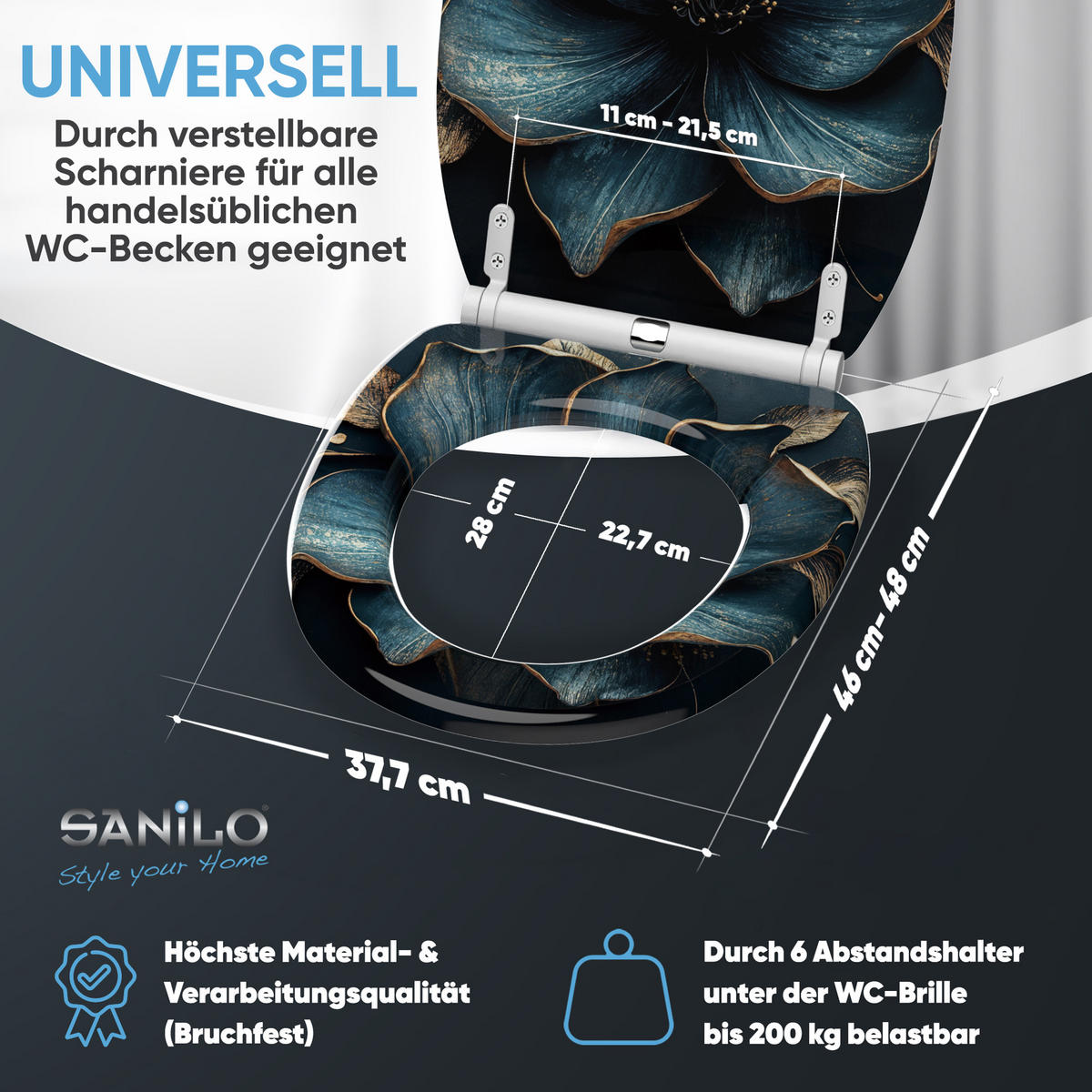 WC-SITZ mit Absenkautomatik & Top Fix Bellezza - Blau, Holzwerkstoff (37.7/5.5/48cm) - Sanilo