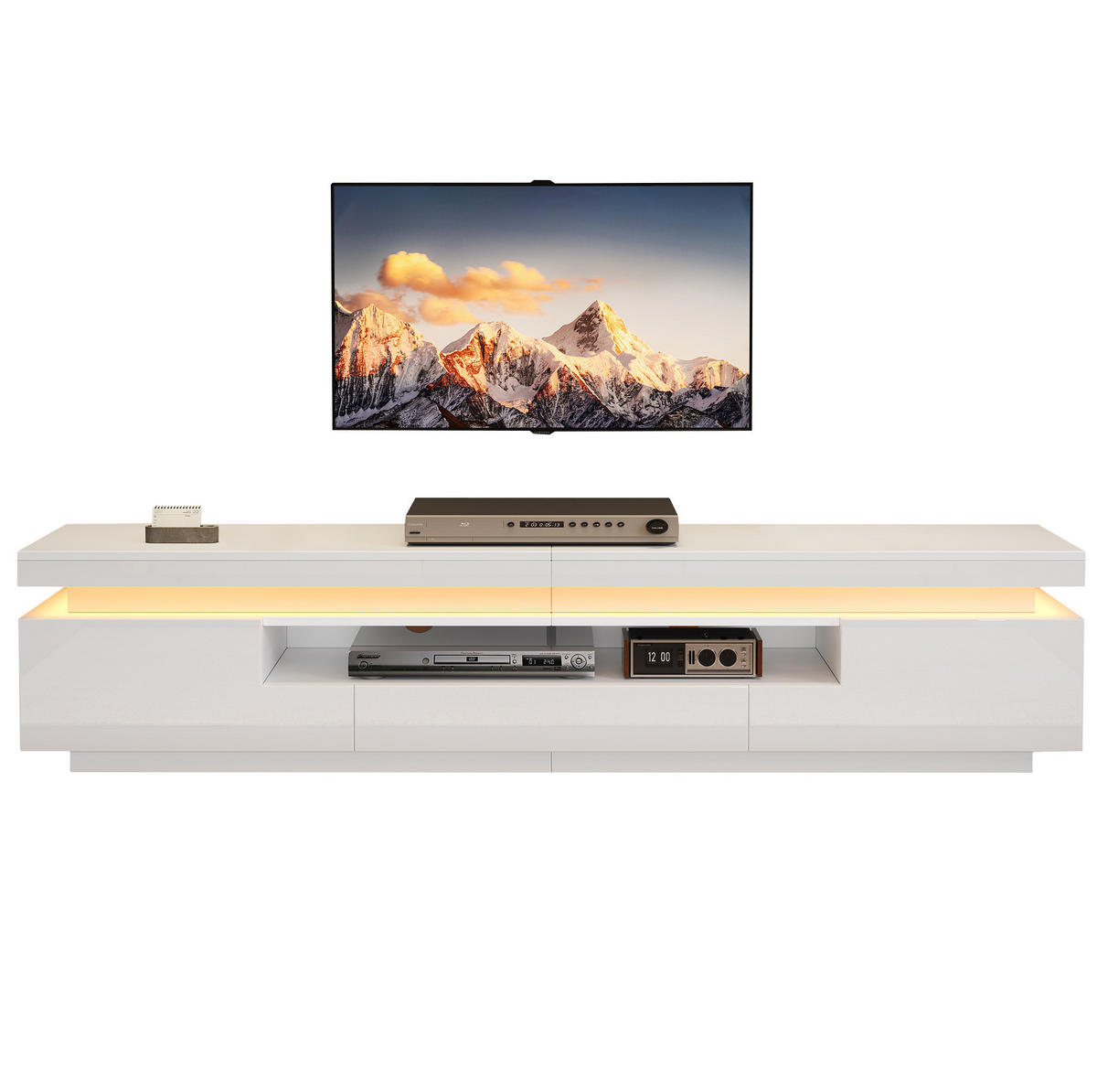 TV-LOWBOARD aus Spanplatte 175x38x45 cm Weiß mit LED-Beleuchtung, 2 Schränken und Schublade - Weiß, Holzwerkstoff (175/45/38cm) - IVMEU