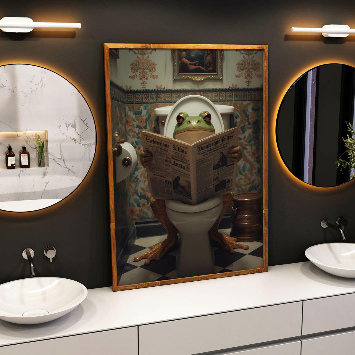 POSTER für WC Badezimmer FROSCH in Toilette Retro Zeitung Abstraktion 50x70cm - Beige/Schwarz, Papier (50/70/70cm) - Muralo