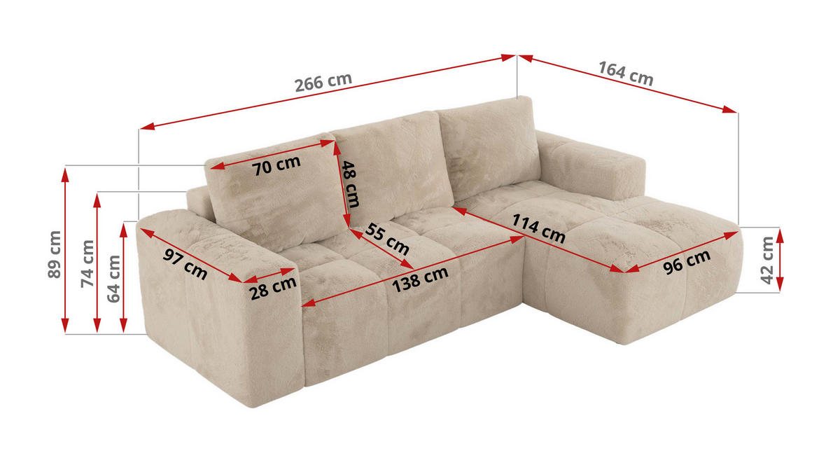 ECKSOFA MONIVA Creme Plüsch - Links - Creme/Schwarz, Textil (164/266cm) - MKS