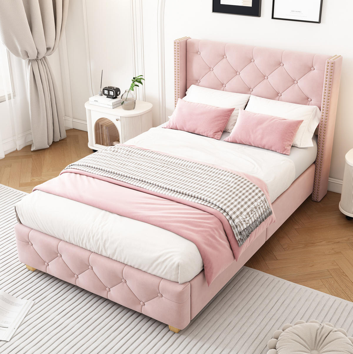 SAMT-POLSTERBETT 90/200 cm in Rosa mit Lattenrost und gepolstertem Kopfteil - Rosa, Textil (90/200cm) - BEAOK