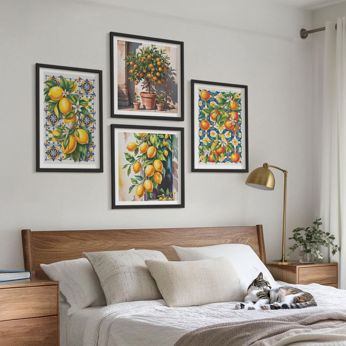 BILDER SET 4er Set - 50x50 cm & 40x60 cm Schwarzer Rahmen - Farbenfrohe abstrakte Zitrusfrüchte - Schwarz, Kunststoff (50/50cm) - TULUP