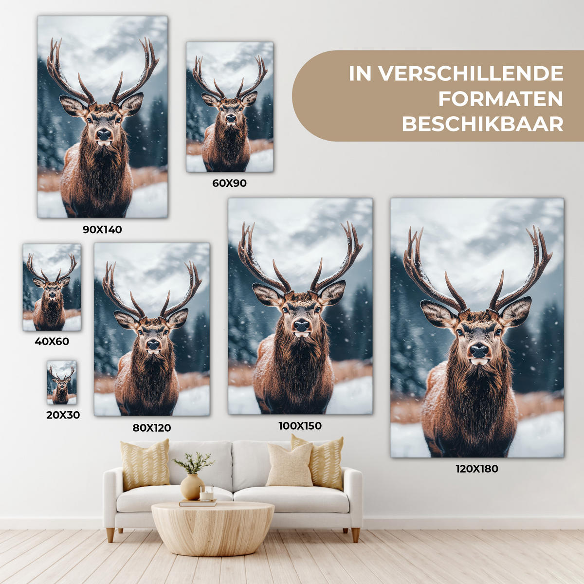 LEINWANDBILD Hirsche - Tiere - Landschaft - Winter - Schnee Wanddeko 40x60 cm - Kastanienfarben, Textil (40/60cm) - MuchoWow