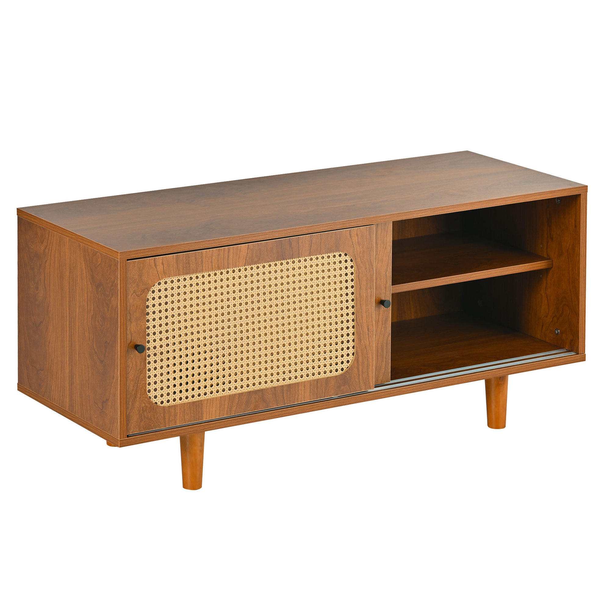 SCHUHSCHRANK in Walnuss mit Rattan, 3 Türen und 2 Schiebetüren,104/40/48 cm - Walnussfarben, Holzwerkstoff (40/48/104cm) - Flora Grace