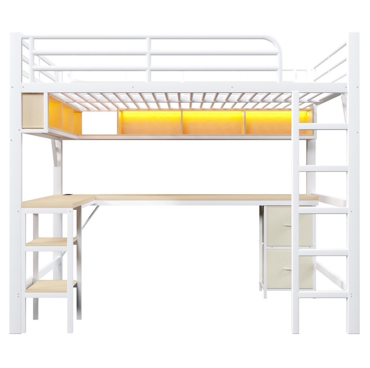 HOCHBETT 140/200 cm weiß aus Metall mit Schreibtisch mit LED und USB - Weiß, Holzwerkstoff (140/200cm) - OKWISH