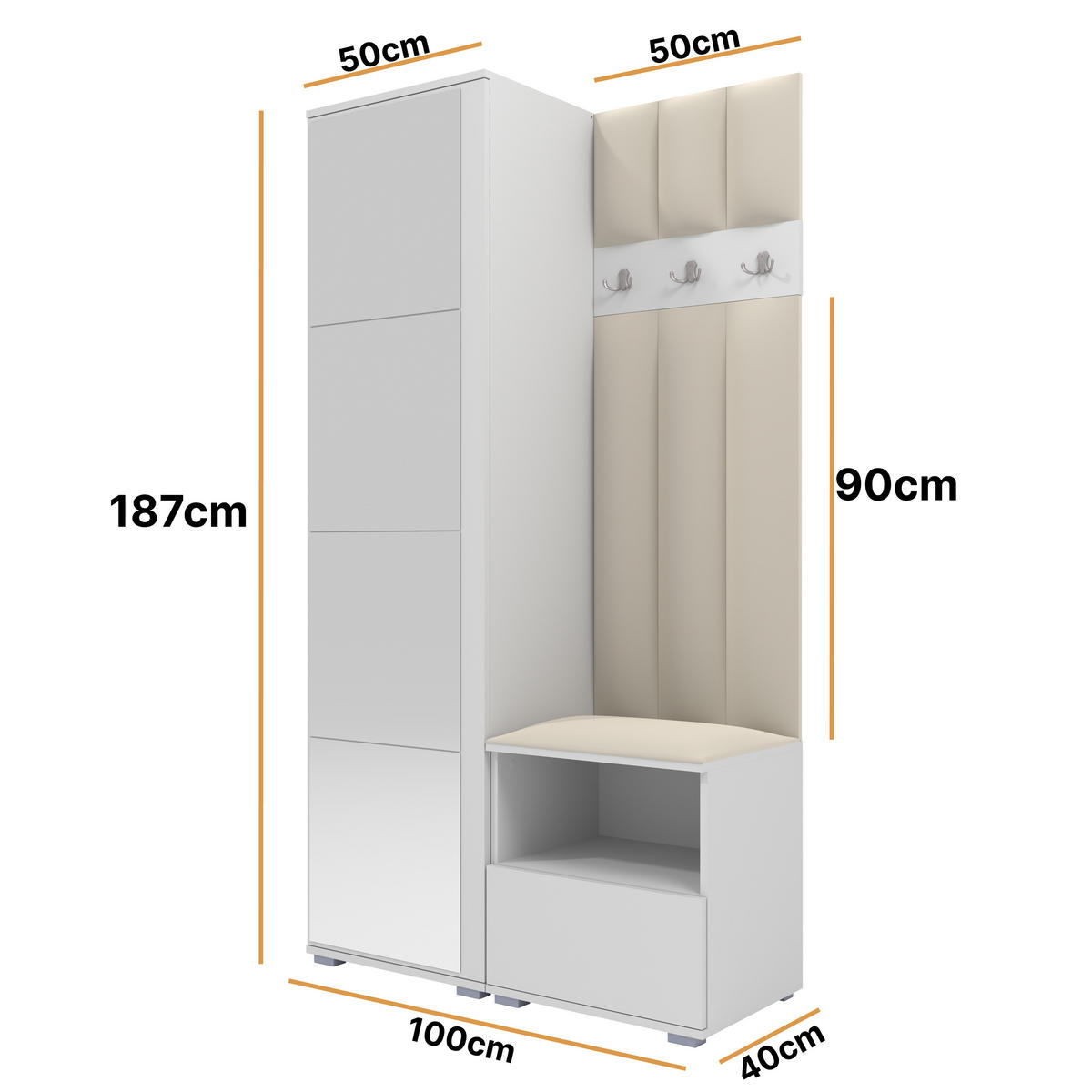 GEPOLSTERT Garderoben-Set Nela I LUX (Spiegel – Farbe Weiß + Stoff Trinity 01) - Silberfarben/Creme, Holz/Holzwerkstoff (100/187/40cm) - Ravio