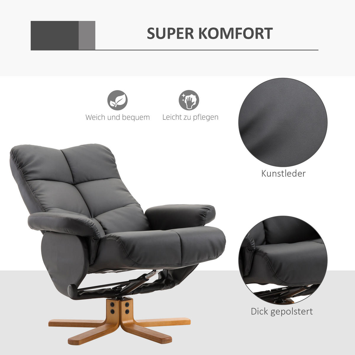 RELAXSESSEL mit Hocker Fernsehsessel 360° drehbar Liegefunktion Holz Schwarz - Schwarz, Holz (86/99/80cm) - HOMCOM