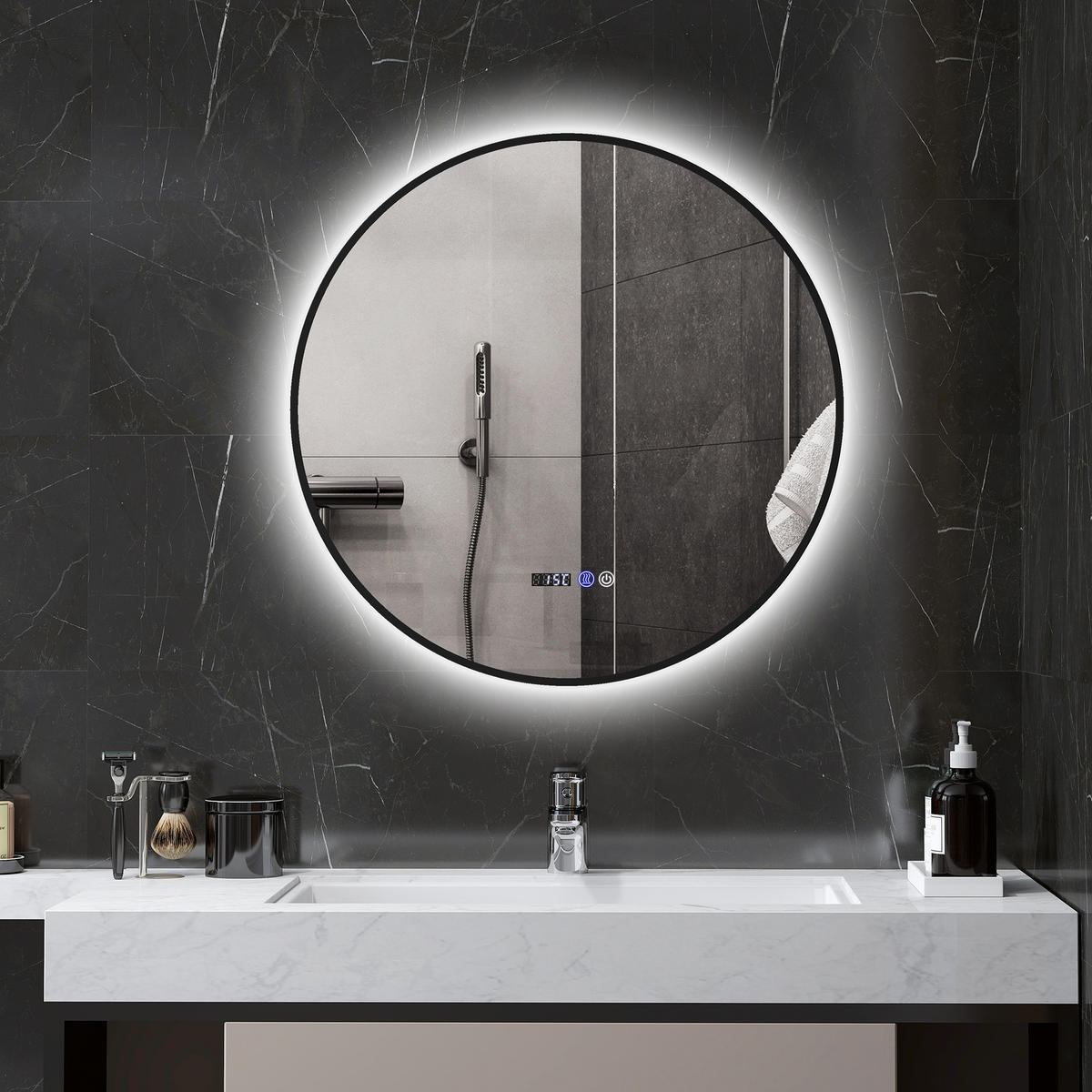 BADEZIMMERSPIEGEL,EINSTELLBARER Helligkeit,Touch-Schalter,70cm Durchmesser,schwarz - Schwarz, Glas (3/70/70cm) - Vallsero