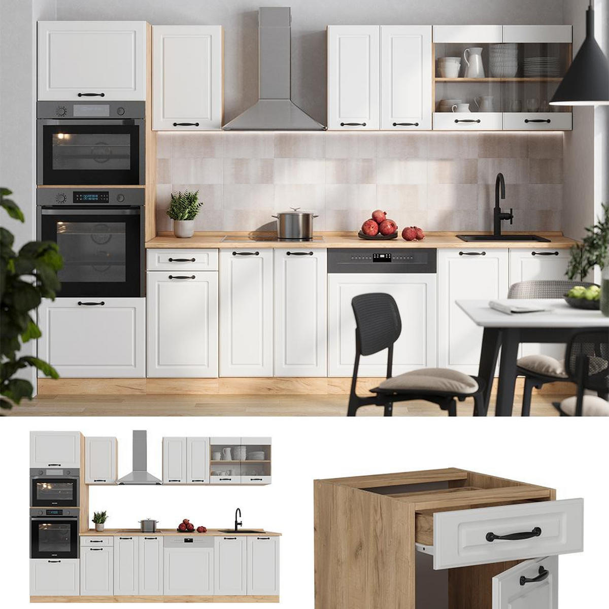 KITCHENETTE R-Line Casă de țară albă / stejar auriu 300 cm cu dulap înalt, marmură AP - stejar miere/alb, compozit lemnos (300/206.8/60cm) - Vicco