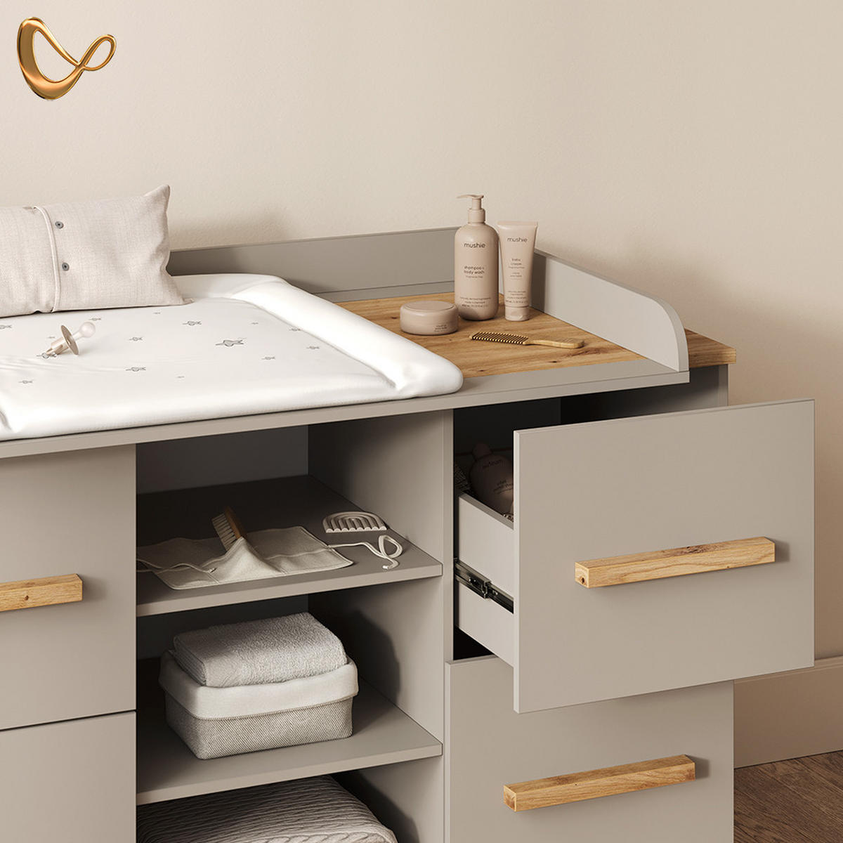 WICKELKOMMODE Mailo Cashmere/Artisan XL mit 4 Schubladen - Kaschmir/Eiche Artisan, Holzwerkstoff (133/108/70cm) - Livinity®