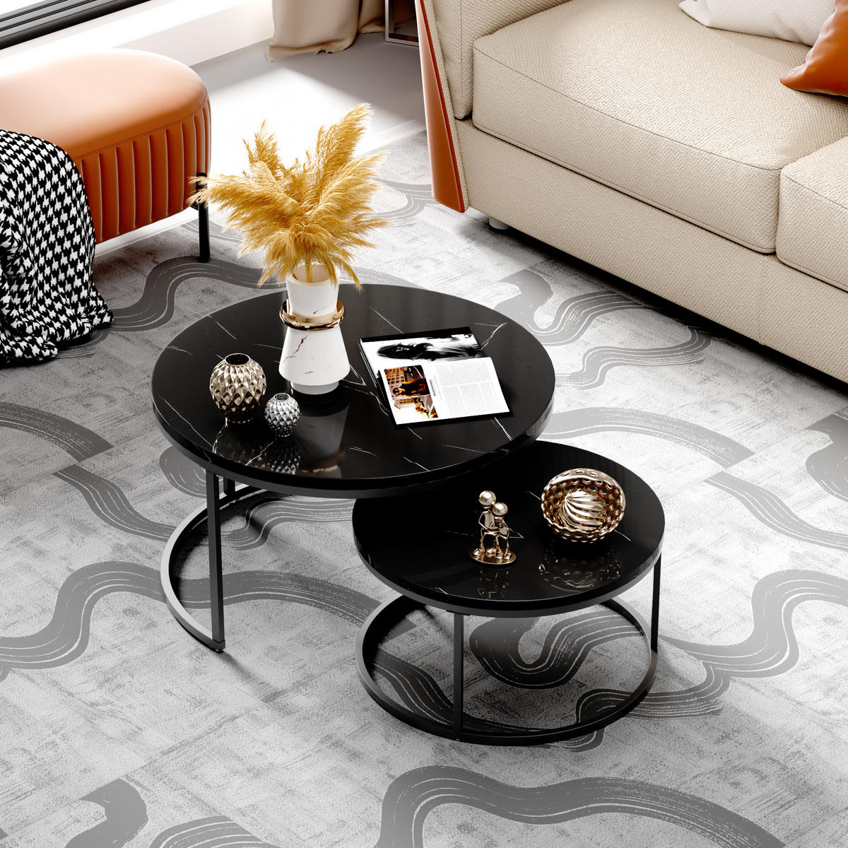 COUCHTISCH Runder 2-teiliger Satztisch 80/80 cm + 60/60 cm - Schwarz, Holzwerkstoff (80/80/45cm) - OKWISH