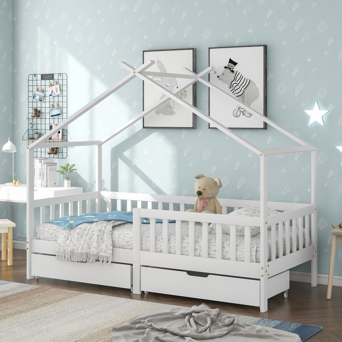 HAUSBETT 90/200 cm in Weiß – mit Satteldach, Zaun und 2 Schubladen - Weiß, Holz (90/200cm) - BEAOK