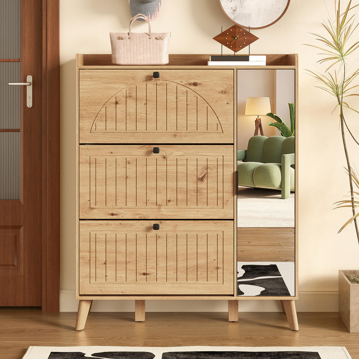 SCHUHSCHRANK Spiegel 110x24x137 cm 3 Klappen - Naturfarben, Holz (110/137.5/24cm) - LEBENLANG