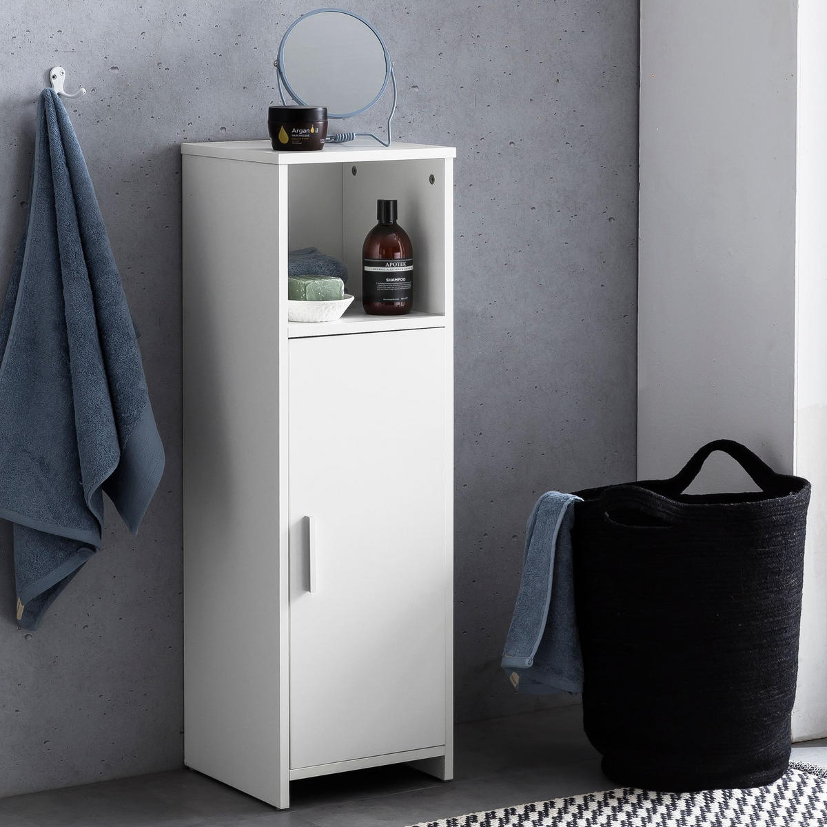 BADSCHRANK Weiß 30x95,5x30 cm aus Melamin mit kratzfester Oberfläche - Schwarz/Weiß, Holz/Metall (30/96/30cm) - KADIMA DESIGN