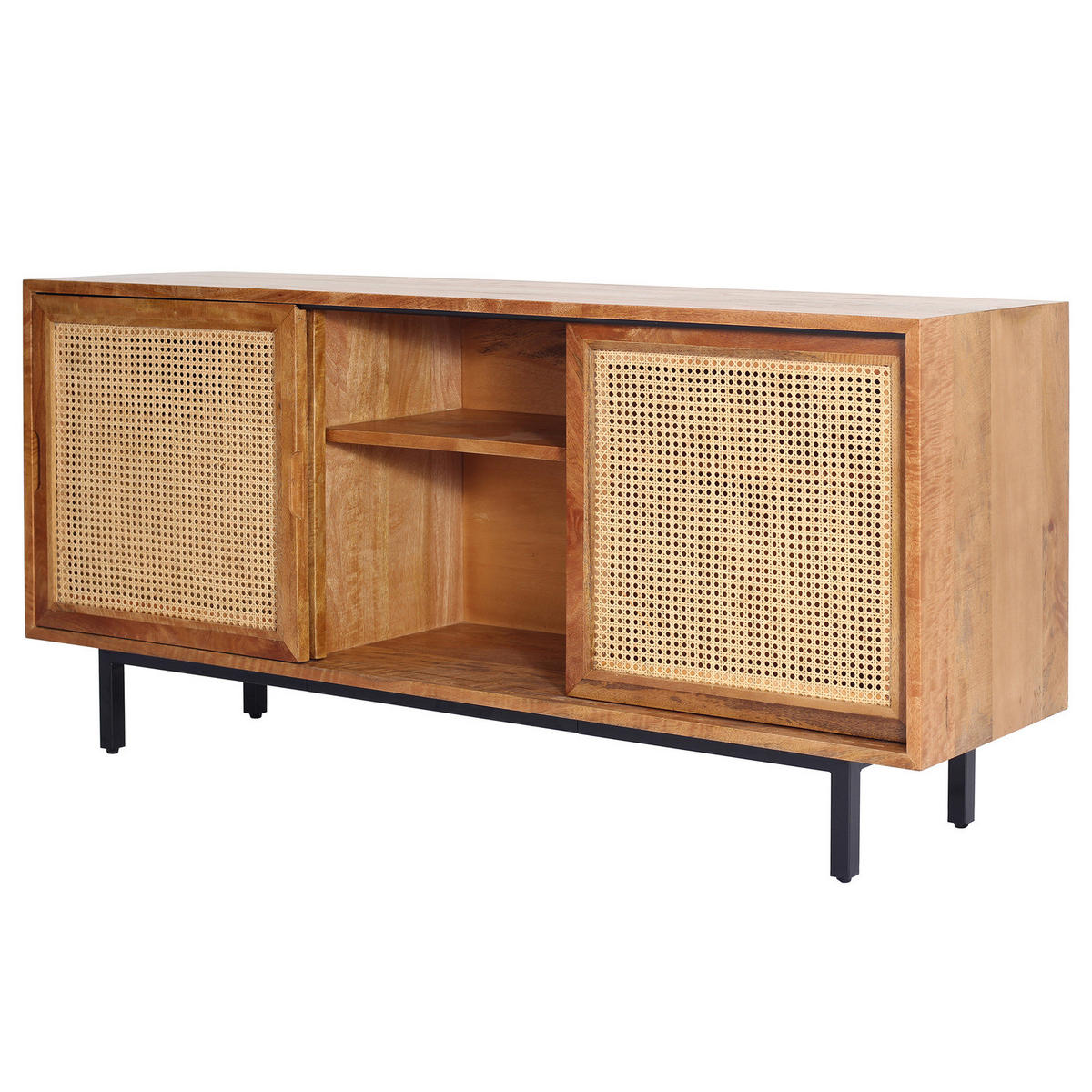 MASSIVES SIDEBOARD mit 3 Türen - Mango massiv / Wiener Geflecht - Mango / Beige - Braun, Naturmaterialien/Holz (160/75/43cm) - home24