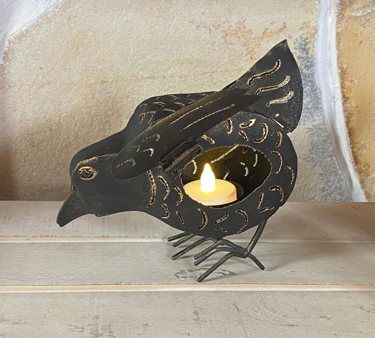 TEELICHTHALTER Metall Figur Klein Windlicht Huhn für 1 Teelicht Vogel 19 cm Kerzenständer Vintage Witzig - Braun, Metall (14cm) - DanDiBo