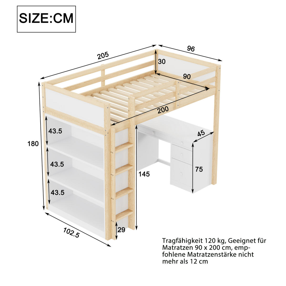 HOCHBETT 90/200 cm aus Holzwerkstoff mit Schreibtisch, Stauraumschrank und flexiblem Aufbau, Natur Holzwerkstoff - Naturfarben, Holzwerkstoff (90/200cm) - Redom